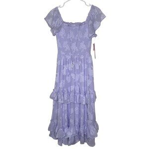 Rare Editions Lilac Ruffle Midi Lined Dress Size 12 Floral Burnout Smocked Flute